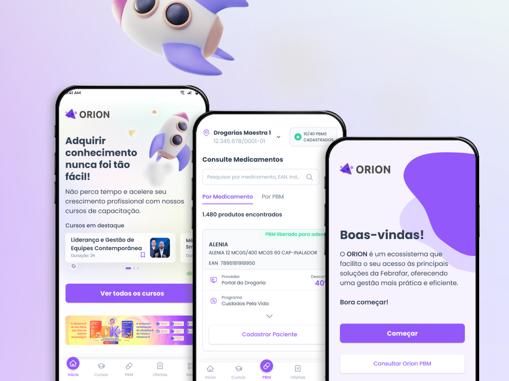 Telas principais do novo app do Orion